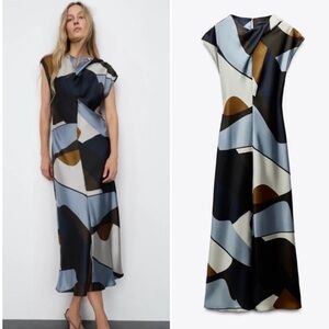 Zara NWT abstract print satin midi dress size M sleeveless shift-style
